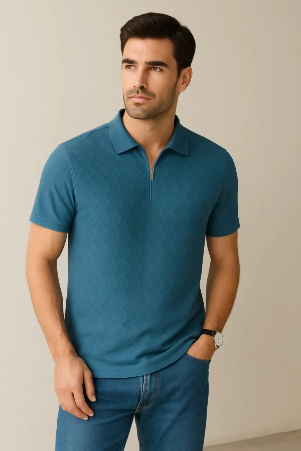 Men's Premium (Storm Voyage) J. Polo Shirt – Minimalist Textured Knit with Zip Collar