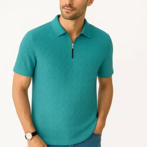 Men's Premium (Coastal Drift) J. Polo Shirt – Minimalist Textured Knit with Zip Collar