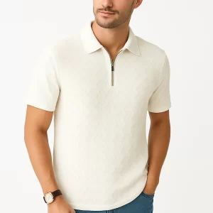 Men's Premium  (Ivory Chill) J. Polo Shirt – Minimalist Textured Knit with Zip Collar