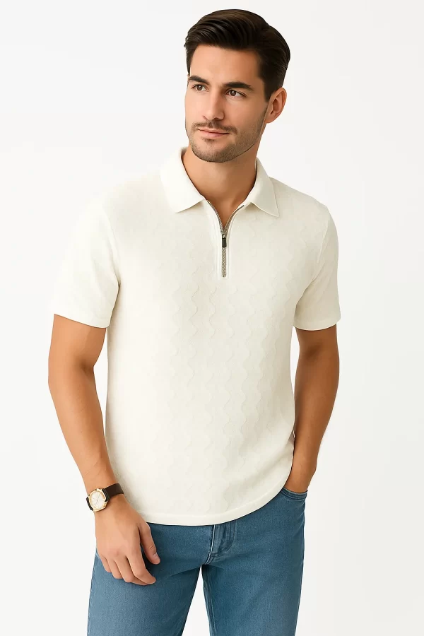 Men's Premium  (Ivory Chill) J. Polo Shirt – Minimalist Textured Knit with Zip Collar